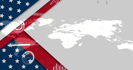 Naklejka premium White world map occupying right half in digital interface, with data overlays and flag motifs