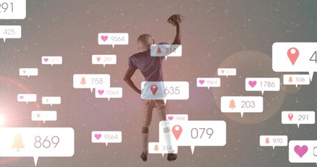 Celebrating football player in jersey tossing helmet in digital space, with notification icons
