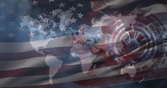 Naklejki Displaying world map silhouette in digital graphic composition, with American flag and circular HUD