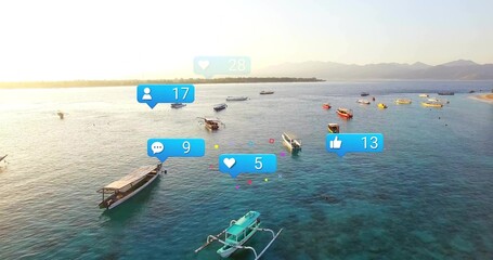 Floating boats, fiberglass launches and canoes gliding over turquoise sea, with social media icons