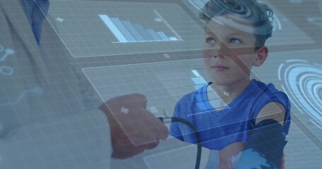 Monitoring boy patient's BP using cuff gauge and stethoscope in clinic with digital overlays