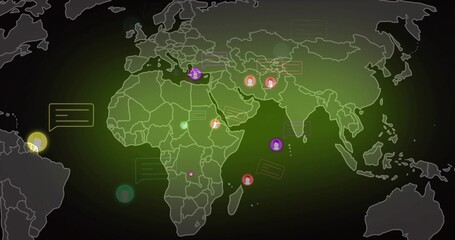 Naklejka premium Displaying world map on dark screen showing communication nodes with glowing icons, faint lines