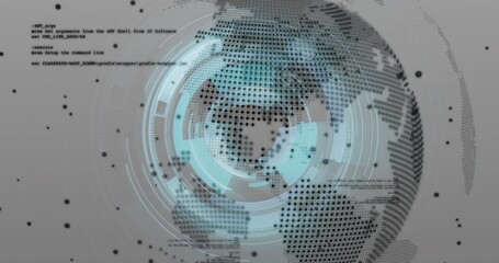 Obraz na płótnie Canvas Rendering stylized digital globe over virtual grey interface, with data points and code snippets