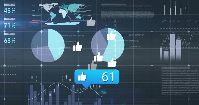 Displaying blue badge showing sixty-one thumbs-up on grid display, with world map and pie charts