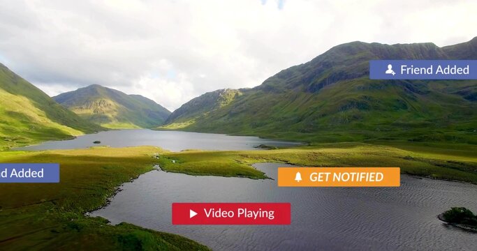 Fototapeta Displaying UI overlays hovering over mountain lake reflecting clouds in valley between grassy peaks