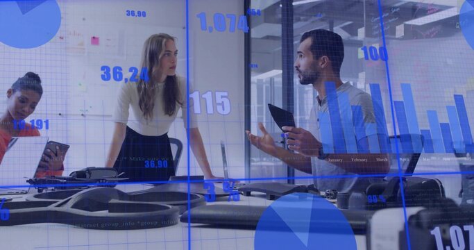 Collaborating engineering team reviewing drone chassis on tablets in tech lab, with data overlays - Powered by Adobe