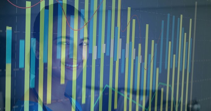 Smiling business woman analyzing financial chart overlay in office with bar and line graphs - Powered by Adobe