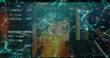 Holographic network hovering over street at night, glowing digital nodes, lines outlining world map