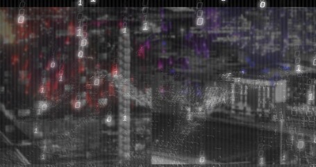 Cascading binary digits overlaying blurred neon cityscape at night, creating purple glitch effect