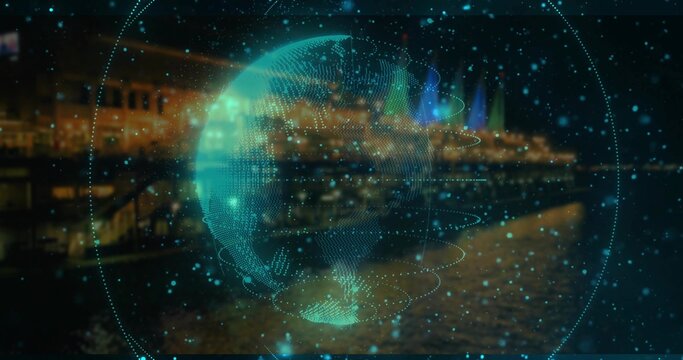 Naklejki Glowing Earth hologram hovering at night riverfront, with dotted grid orbital rings and data points