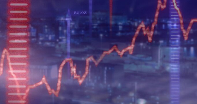 Showing overlay on nighttime harbor skyline reflections, red line, purple bars, arrow labeled 50