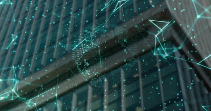 Holographic network overlay hovering over office tower facade, with wireframe globe and data points - Powered by Adobe