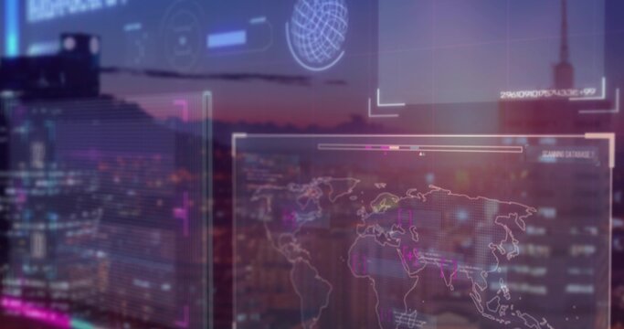 Projecting central holographic world map over dusk cityscape with globe graphic and data readouts