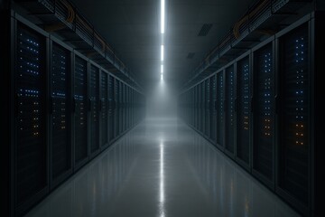 Futuristic data center corridor with towering server racks glowing fiber optics and reflective floor ideal for cloud computing and storage