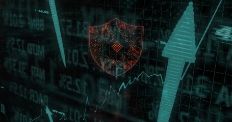 Displaying glowing shield with microchip circuit traces on dashboard, upward arrow and data graphs