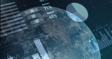 Naklejka premium Displaying digital Earth globe in virtual interface, with bar charts, line graphs, pie chart labels