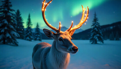In a snowy landscape under the northern lights, only a reindeer's antlers are seen in close-up. 
