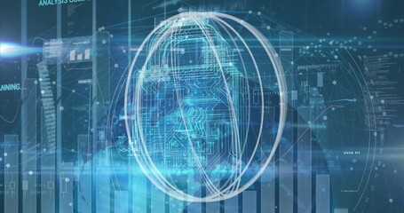 Displaying sphere showing circuit pattern in hub, with charts, network diagrams and status panels