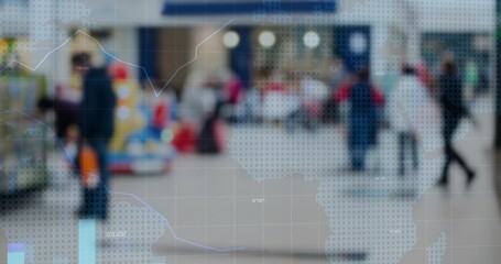 Walking blurred shoppers carrying orange and white bags through mall corridor, with data overlay