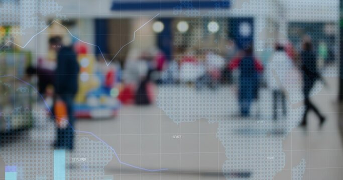 Walking blurred shoppers carrying orange and white bags through mall corridor, with data overlay