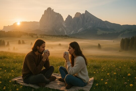 Young couple sharing sunrise coffee on alpine meadow in the Dolomites with wildflowers panoramic peaks and dreamy golden hour ambiance