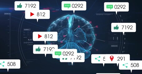 Floating holographic brain mapping neural paths in dark UI, with HUD speech-bubble social counters