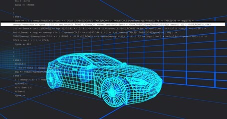 Obraz premium Rendering neon blue wireframe car floating on grid floor in dark studio, with code snippet overlays