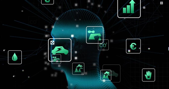 Displaying blue-dot head silhouette connecting dots in virtual space, with sustainability icons