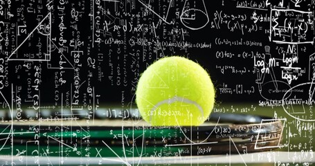 Balancing yellow tennis ball on tennis racket strings on green court, with overlaid math formulas
