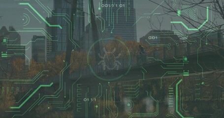 Overlaying green circuit patterns on riverside skyscrapers and autumn trees, highlighting bug icon