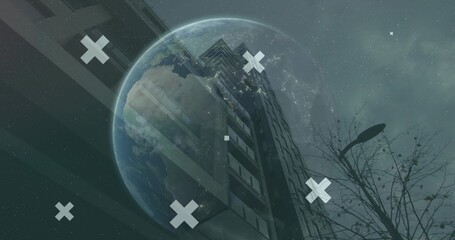 Floating semi-transparent Earth globe over city street, with tower, X shapes, streetlamp and tree