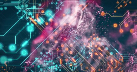 Displaying glowing circuit traces, nodes on blue-black canvas, with light particles, misty textures