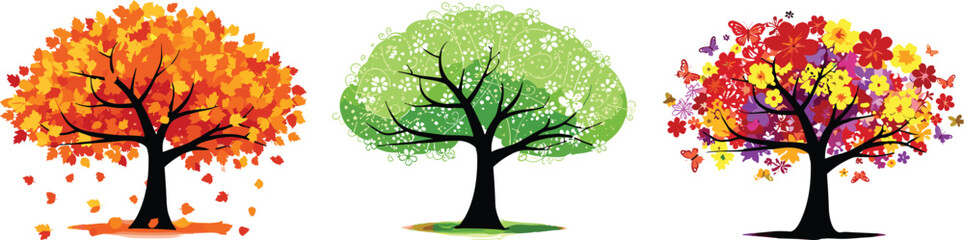 Obraz premium Colorful seasonal trees illustration representing autumn, spring, and summer, with leaves, flowers, and butterflies, isolated on white background