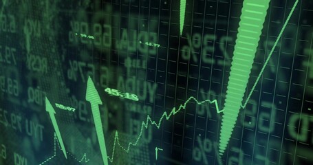 Displaying green upward arrow rising on trading interface grid, with jagged line graph, copy space
