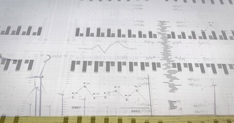 Composite data visualization overlaying rural energy site, with wind turbines, grid and charts