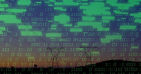 Displaying two transmission towers linking power cables on hillside at dusk, with binary overlay