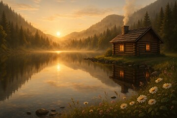 Fototapeta premium Cozy timber cabin by tranquil lake with misty mountains evergreen forest and golden sunrise reflections serene wilderness retreat