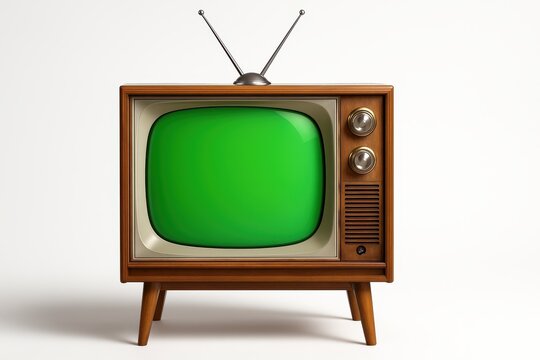 Vintage wooden television set with rounded screen bezel and chrome knobs isolated retro TV box cutout nostalgic mid century design object on white