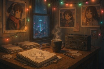 Lofi night study nook with rain streaked window neon skyline cluttered desk anime posters pastel RGB glow cozy hip hop vibe and starry ceiling ambience