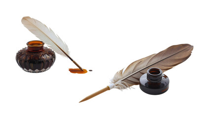 Antique black quill pen, feather and inkwell for writing with transparent background