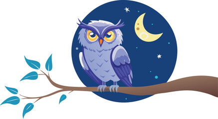 An owl sitting on a branch, framed by a large, luminous moon in the dark background.