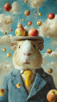 Whimsical Guinea Pig Surreal Portrait with Floating Apples in Dreamlike Sky - Surrealist Fantasy Scene