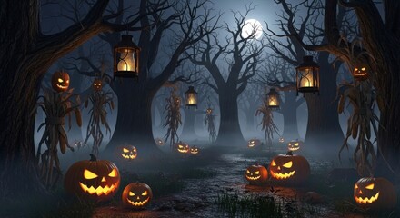 Spooky halloween night scene with pumpkins scarecrows lanterns and moonlit trees creating eerie atmosphere