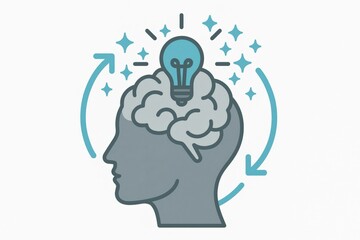 Conceptual illustration of a human head silhouette with a light bulb representing cognitive innovation and idea generation surrounded by sparkling elements in a dynamic visual narrative about