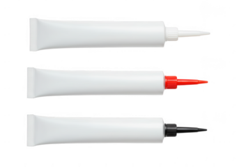 Three white squeeze tubes with applicator tips isolated on a transparent background for product design isolated on transparent background