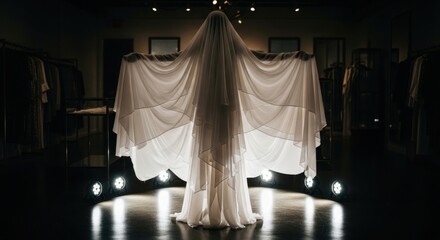 A figure draped in white fabric standing in a dimly lit room with spotlights on the floor below it