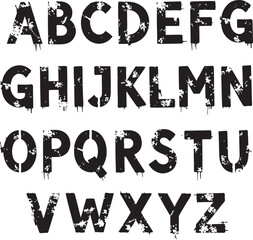 A complete bold, uppercase alphabet with a dripping, paint-splatter, and stencil-like texture