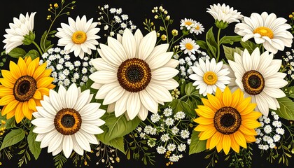 Floral border with sunflowers and daisies
