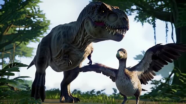 Giant Tyrannosaurus Rex Stares at a Dodo Bird with a Lush Green Jungle Background