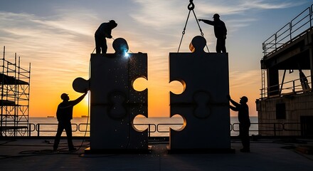 Teamwork builders fitting giant puzzle pieces together during sunset signifies collaboration and problem solving